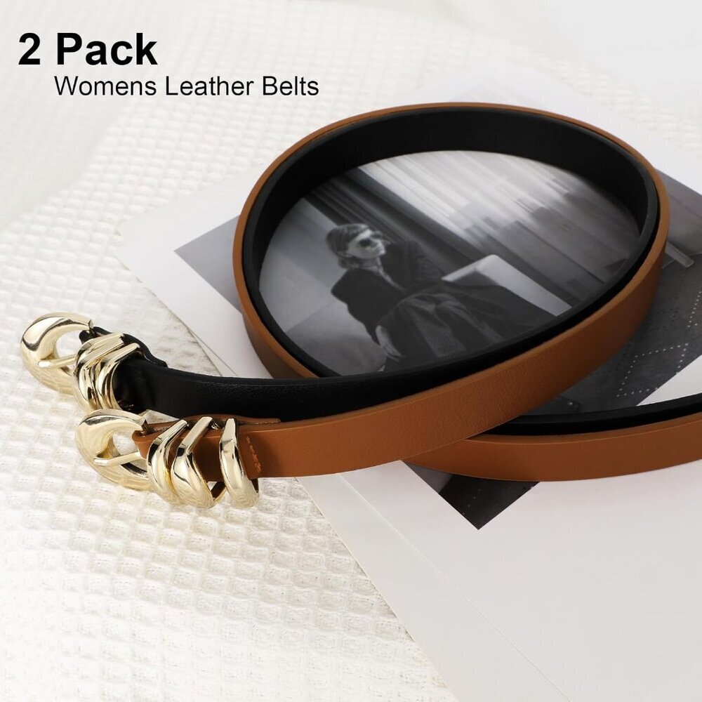 Womens Leather Belts 2 Pack Skinny Gold Buckle Adjustable Fits Waist 29-50 - Picture 4 of 5